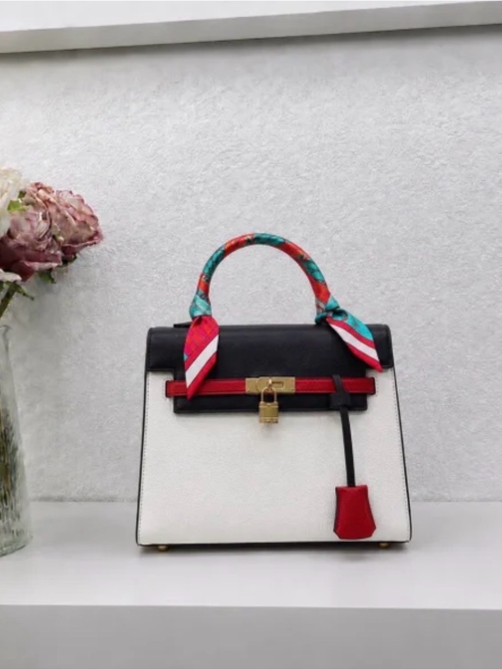 Elegant White & Black Top-Handle Satchel with Red Accents